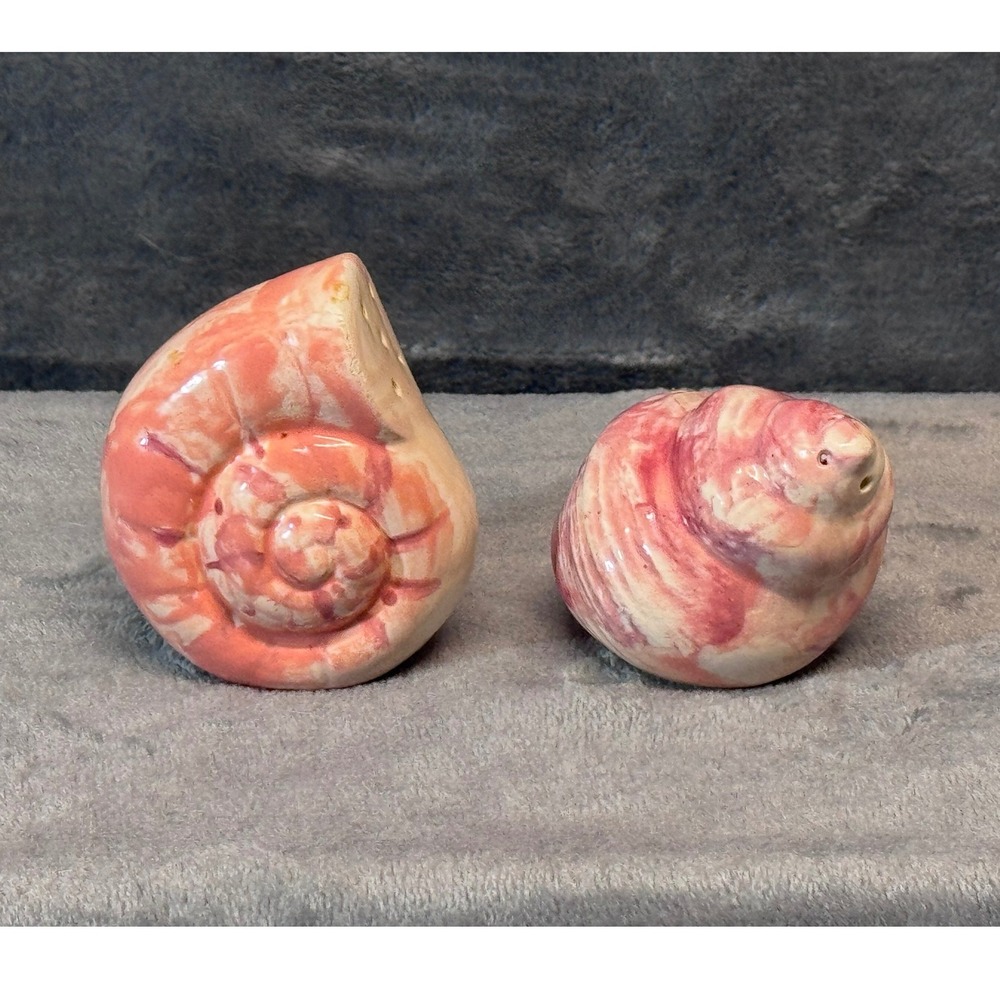 Sea Shell Salt & Pepper Shakers Set Pink Cream Ceramic Coastal Beach House Decor